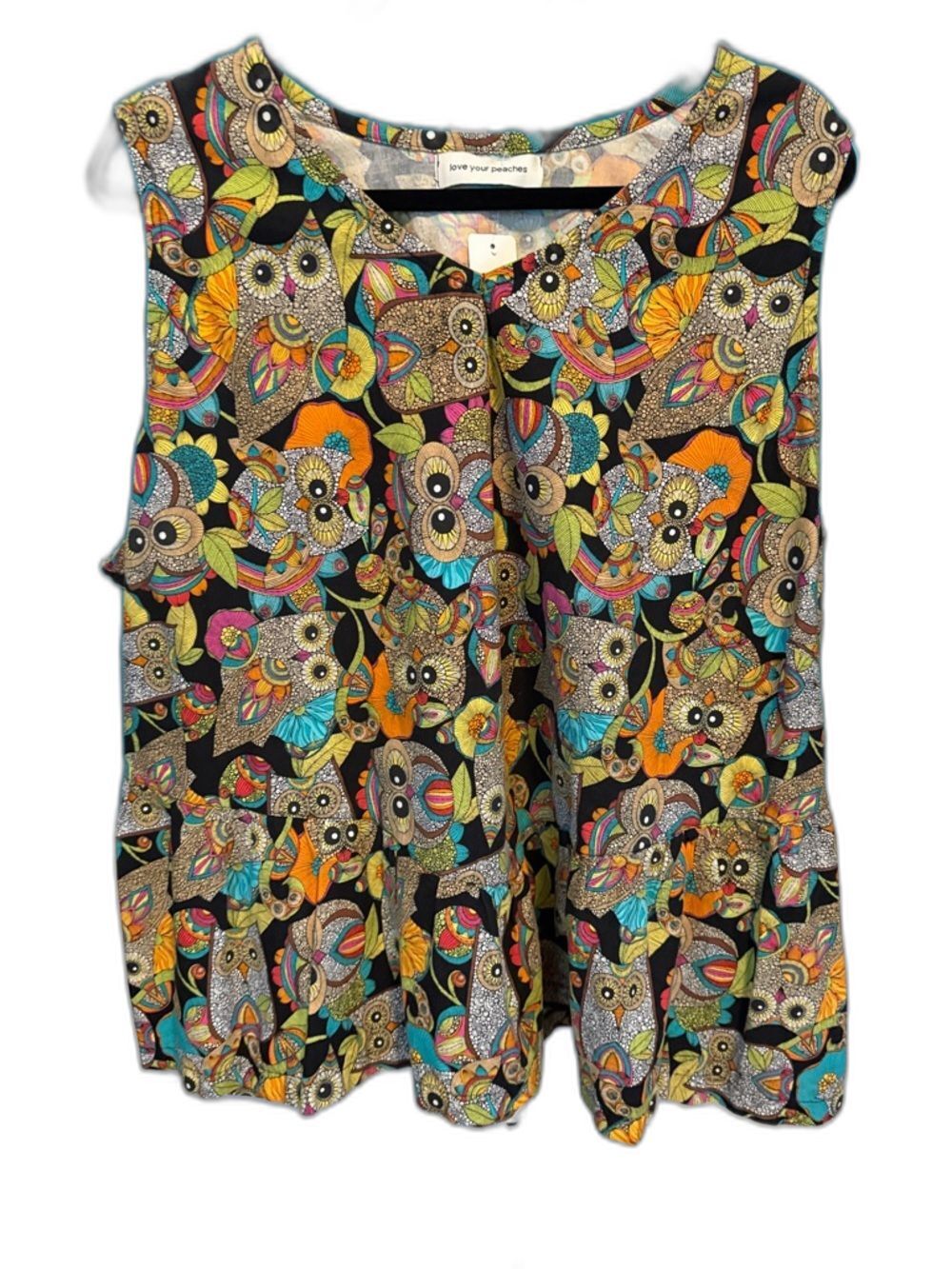 Love Your Peaches Multicolor Owl Printed Sleeveless Top